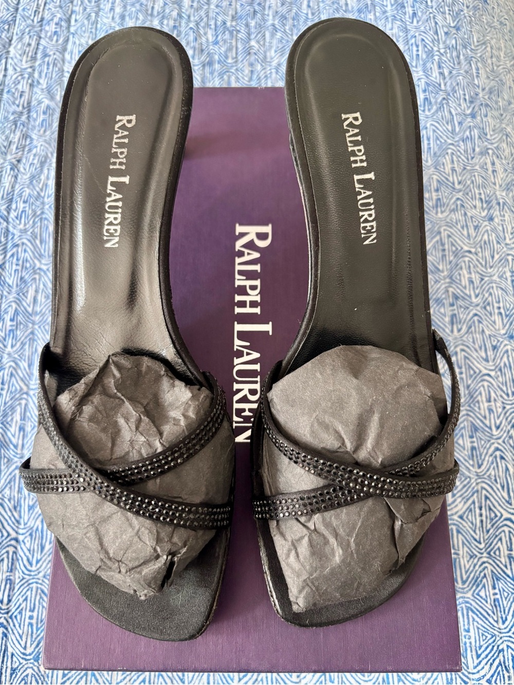 Ralph Lauren Vintage Y2K Black Crystal-Strap Slide Mules